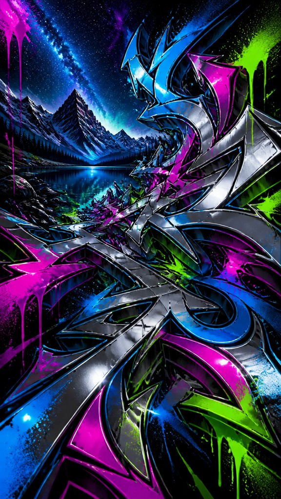 a tranquil mountain lake beneath a starry night sky, no people, no text — Wildstyle Graffiti Street Art Style phone wallpaper