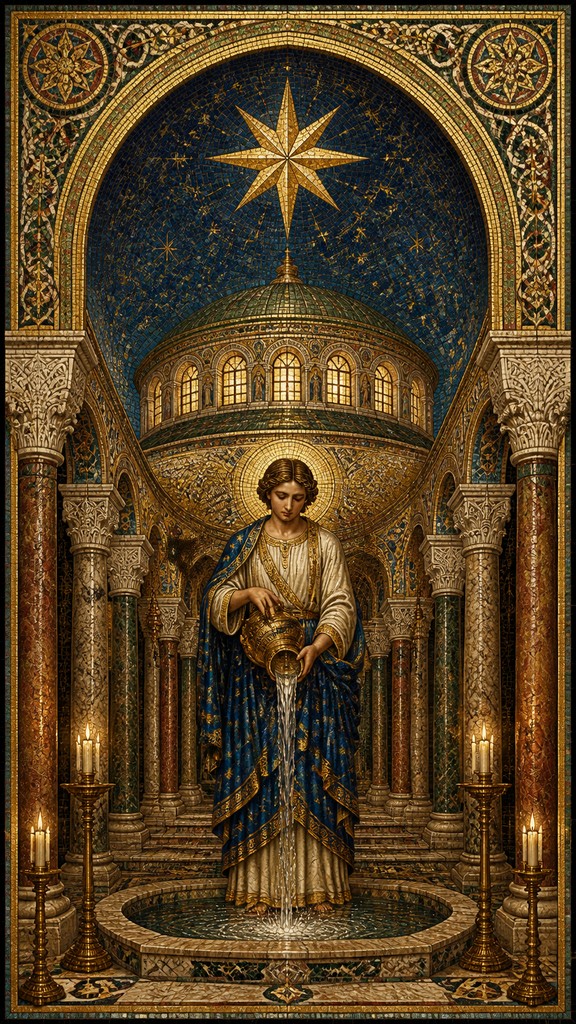 a robed figure pouring water beneath a large eight-pointed star in a night sky, symmetrical composition with an ornate decorative border, no text — Byzantine Architecture tarot card