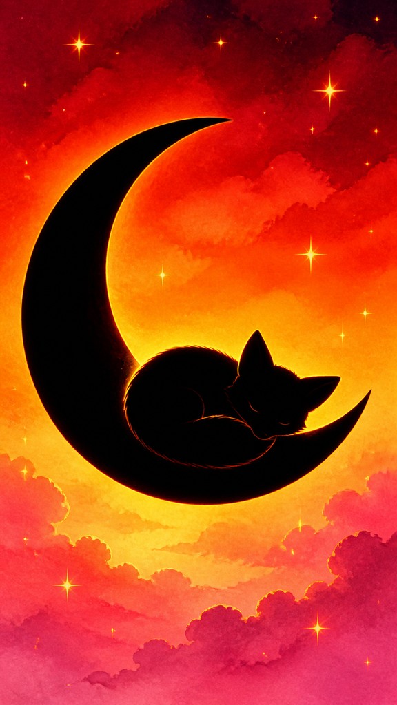 a sleeping baby fox curled on a crescent moon among soft stars, gentle and warm, no text — Sunset Silhouette Art Style baby announcement