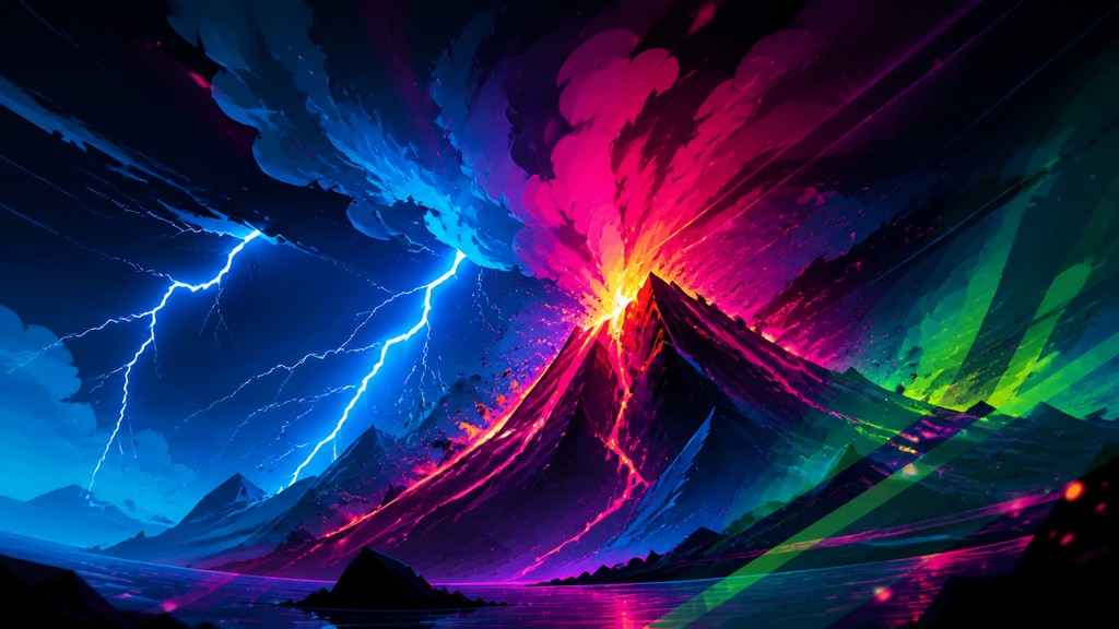 an erupting volcano with lightning strikes, dramatic wide composition, no text — Motion Graphics Digital Art Style YouTube thumbnail