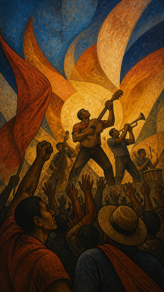 a live music scene with a glowing stage and silhouetted crowd, energetic vertical composition with open space at the top, no text — Mexican Muralism Art Style flyer