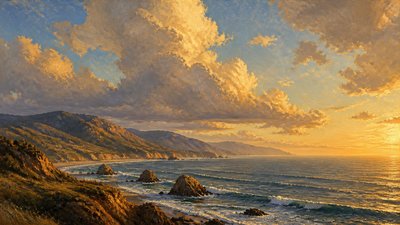 a panoramic ocean horizon with towering clouds at golden hour, no people — Landscape Nature Art wallpaper