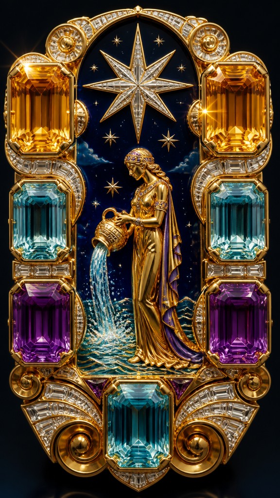 a robed figure pouring water beneath a large eight-pointed star in a night sky, symmetrical composition with an ornate decorative border, no text — Cocktail Ring Era Jewelry Style tarot card