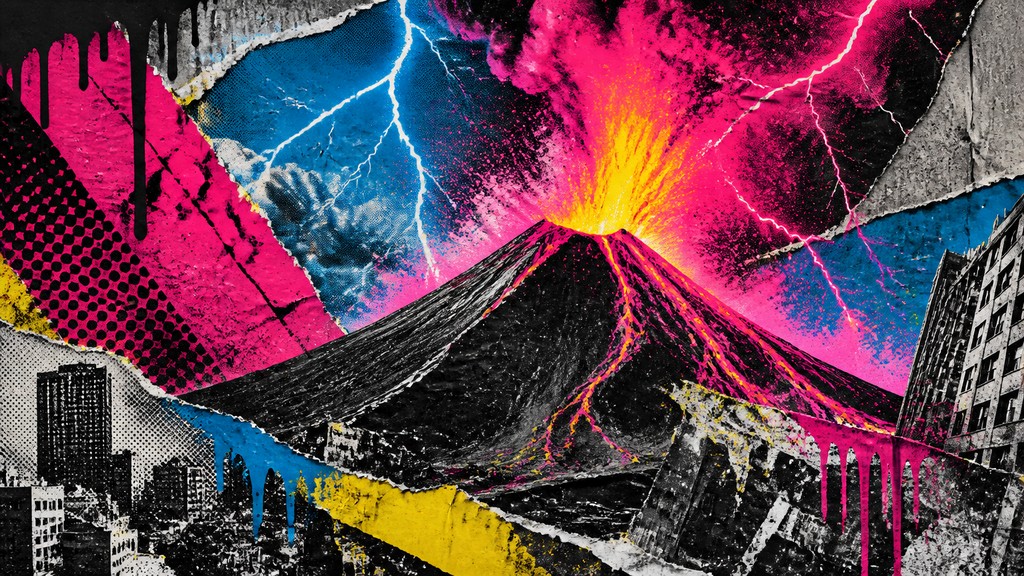 an erupting volcano with lightning strikes, dramatic wide composition, no text — Street Art Poster Design YouTube thumbnail