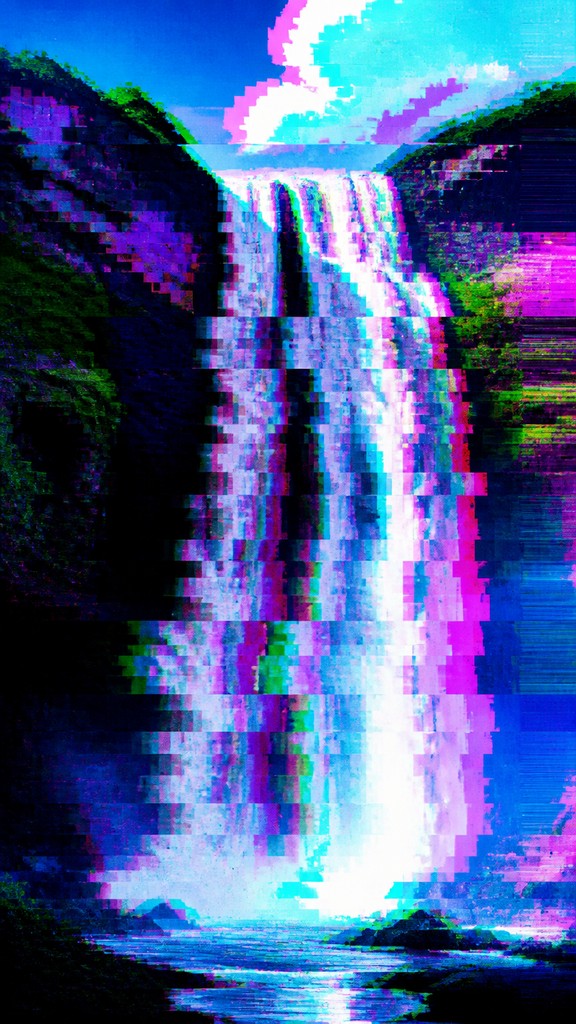 towering waterfall cascading down a cliff — Digital Glitch Modern Art Style