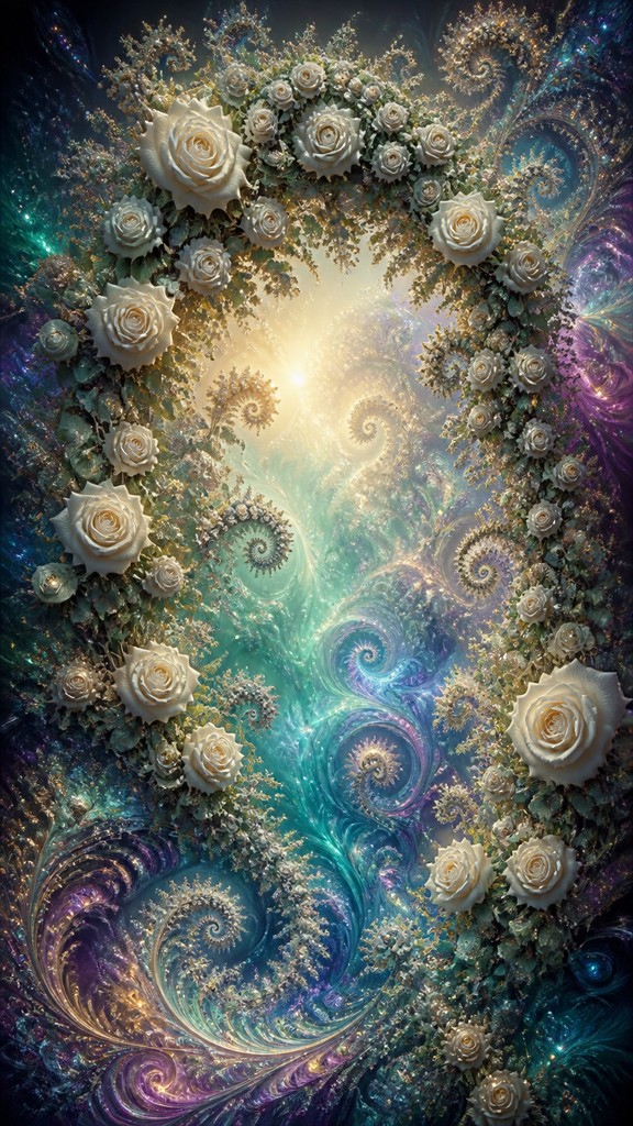 an arch of white roses and eucalyptus in soft morning light, elegant vertical composition with open space, no text — Fractal Abstract Art Style wedding invitation