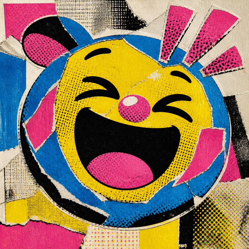 an exaggerated laughing face of an original round mascot character, bold and readable at small size, plain background, no text — Collage Pop Art Style Twitch emote