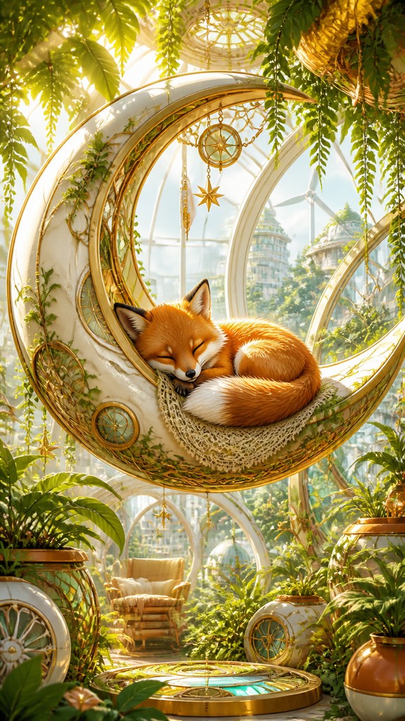 a sleeping baby fox curled on a crescent moon among soft stars, gentle and warm, no text — Solarpunk Aesthetic baby announcement