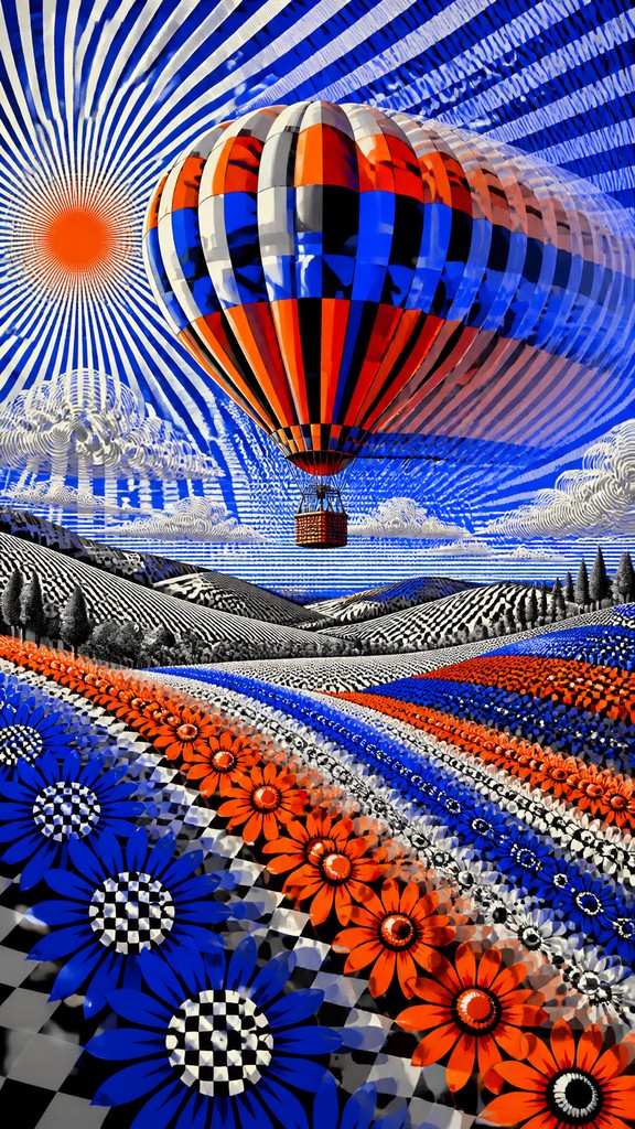 a hot air balloon drifting over rolling flower fields on a sunny day, cheerful, no text — Kinetic Art Style greeting card