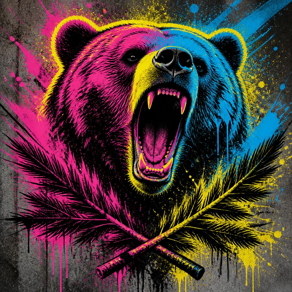 a roaring bear head above crossed pine branches, bold graphic composition on a plain background, no text — Graffiti Modern Art Style t-shirt design