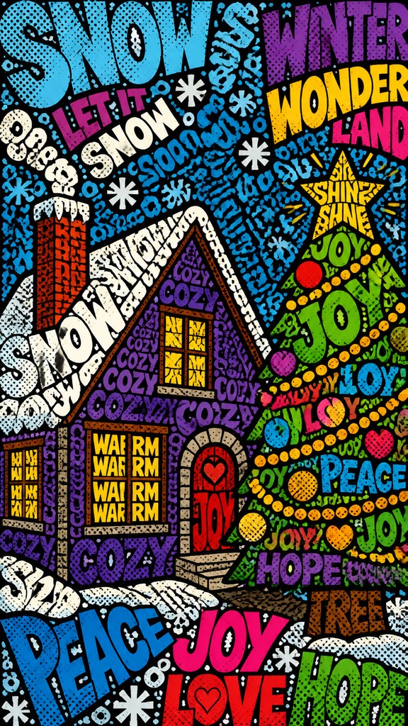 a snow-covered cottage with warm glowing windows beside a decorated pine tree, gentle snowfall, no text — Typography Pop Art Style Christmas card