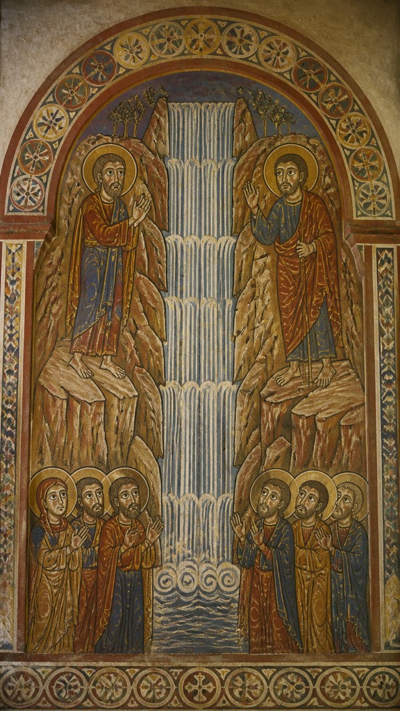 towering waterfall cascading down a cliff — Romanesque Art Style