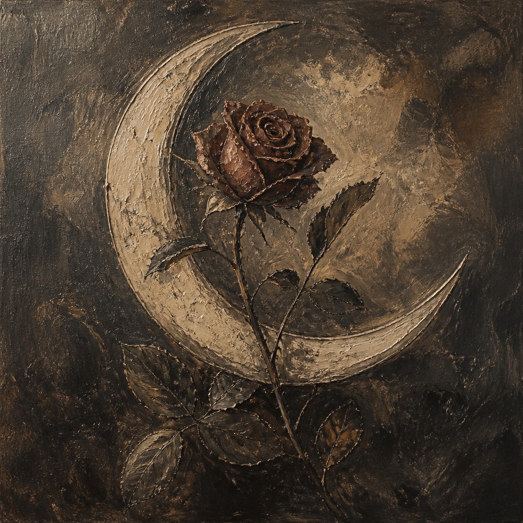 a rose entwined with a crescent moon, clean balanced composition on a plain background, no text — Ashcan School Art Style tattoo design