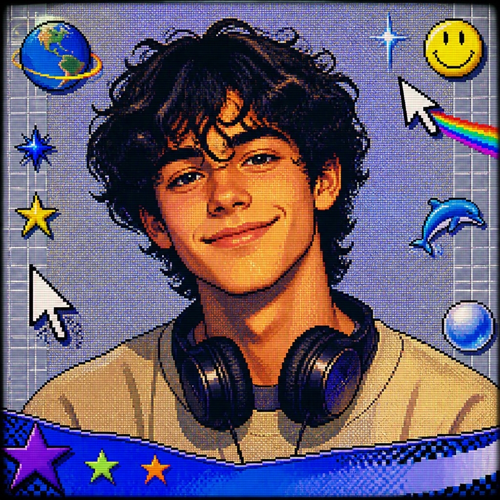 head-and-shoulders portrait of an original character: a young man with curly dark hair and headphones around his neck, plain backdrop, no text — Webcore Aesthetic Discord profile picture