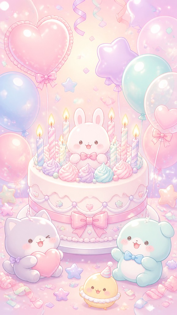 a birthday cake with lit candles surrounded by balloons and confetti, festive vertical composition, no text — Kawaii Pastel Anime Art Style birthday card
