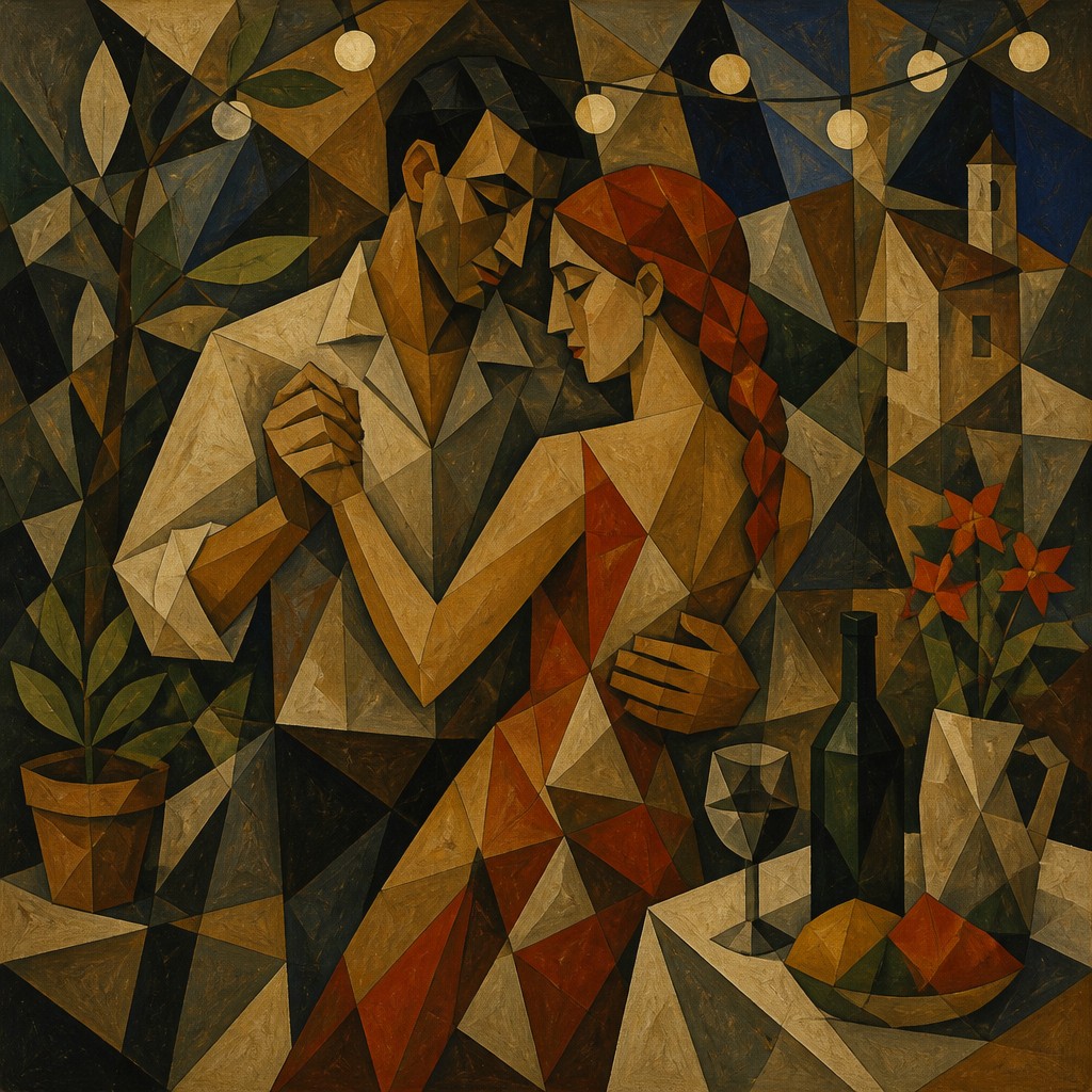 an original couple dancing under string lights in a garden at dusk: a man with short black hair in a linen shirt and a woman with braided red hair in a summer dress — Cubist Still Life Art Style couple portrait