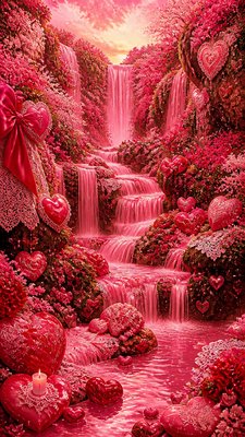 a cascading waterfall in a lush green gorge, no people — Lovecore Aesthetic wallpaper
