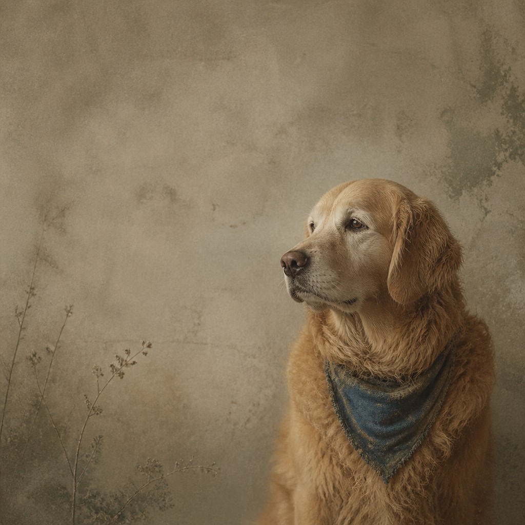 portrait of a golden retriever wearing a blue bandana, warm plain backdrop, no text — Wabi Sabi Art Style pet portrait