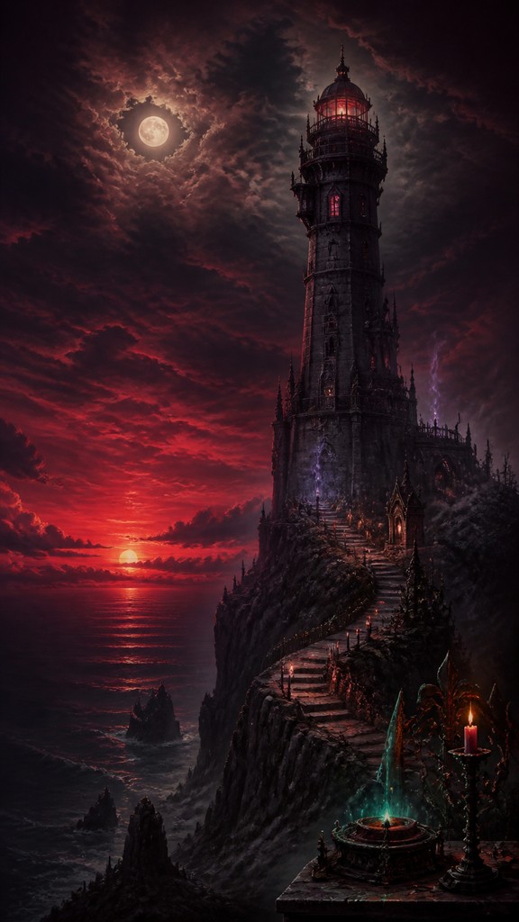 a lone lighthouse on a cliff at dusk under a dramatic sky, no text or lettering — Gothic Fantasy Art poster