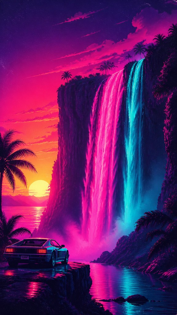 towering waterfall cascading down a cliff — Miami Vice