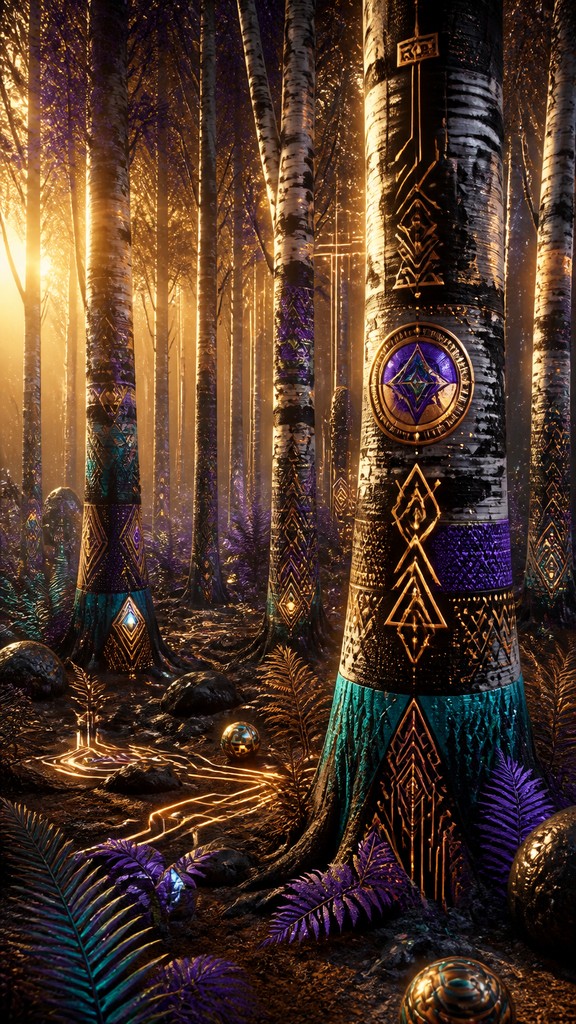 a serene birch forest in soft morning light, no people, no text — Afrofuturism Art Style wall art print