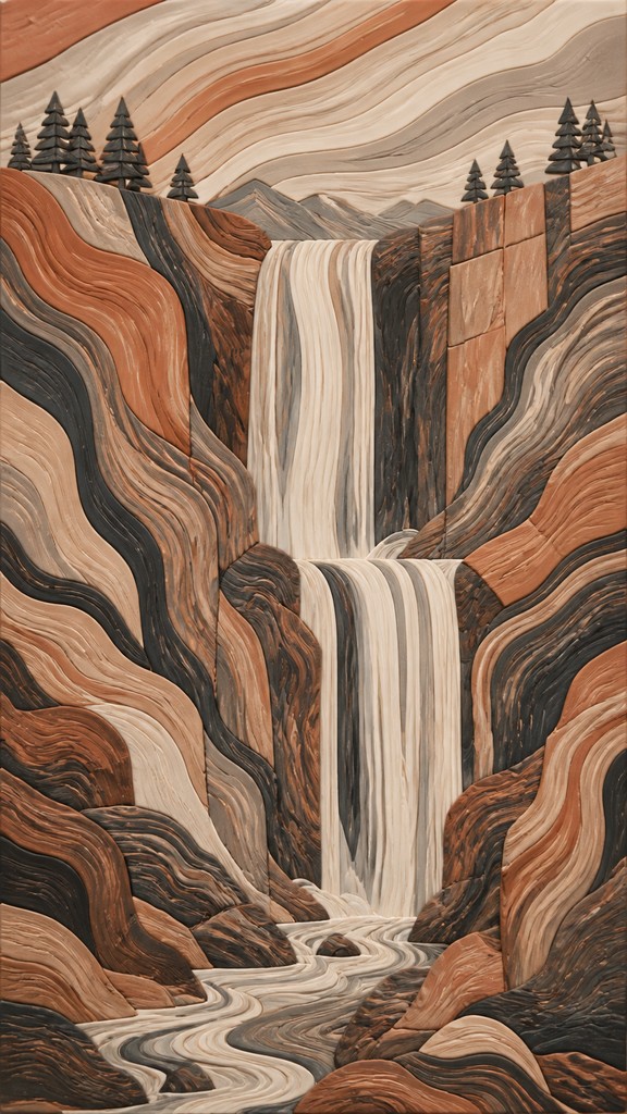 towering waterfall cascading down a cliff — Nerikomi Ceramic Art Style