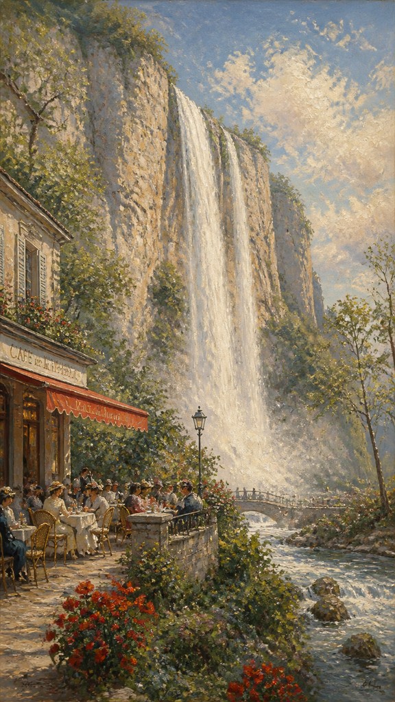 towering waterfall cascading down a cliff — French Art Style