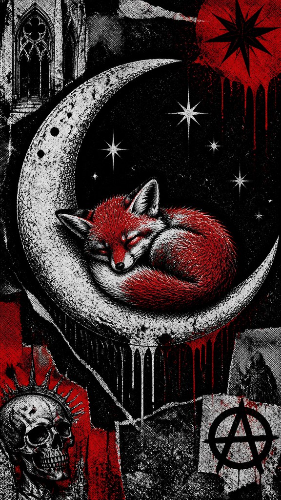 a sleeping baby fox curled on a crescent moon among soft stars, gentle and warm, no text — Gothic Punk Art baby announcement
