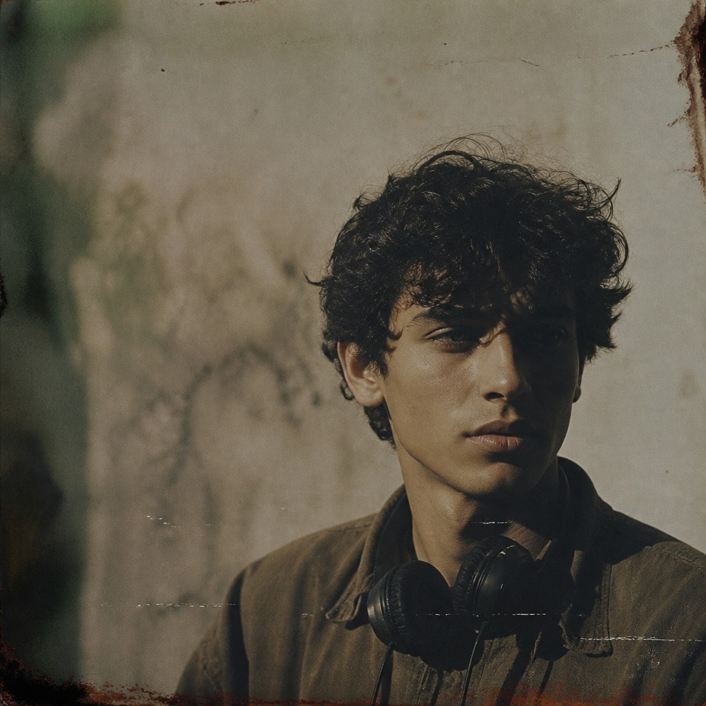 head-and-shoulders portrait of an original character: a young man with curly dark hair and headphones around his neck, plain backdrop, no text — Land/Environmental Conceptual Art Style Discord profile picture