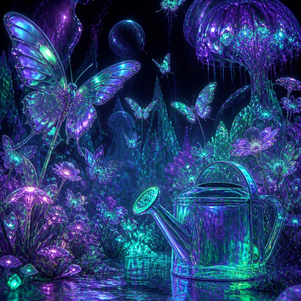 a garden scene with butterflies, flowers and a watering can, clean uncolored line art, no text — Alien World Sci-Fi Art coloring page