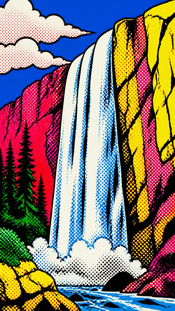 towering waterfall cascading down a cliff — Pop Art Style