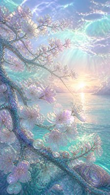cherry blossom branches against a soft dawn sky, no people — Mermaidcore Aesthetic wallpaper