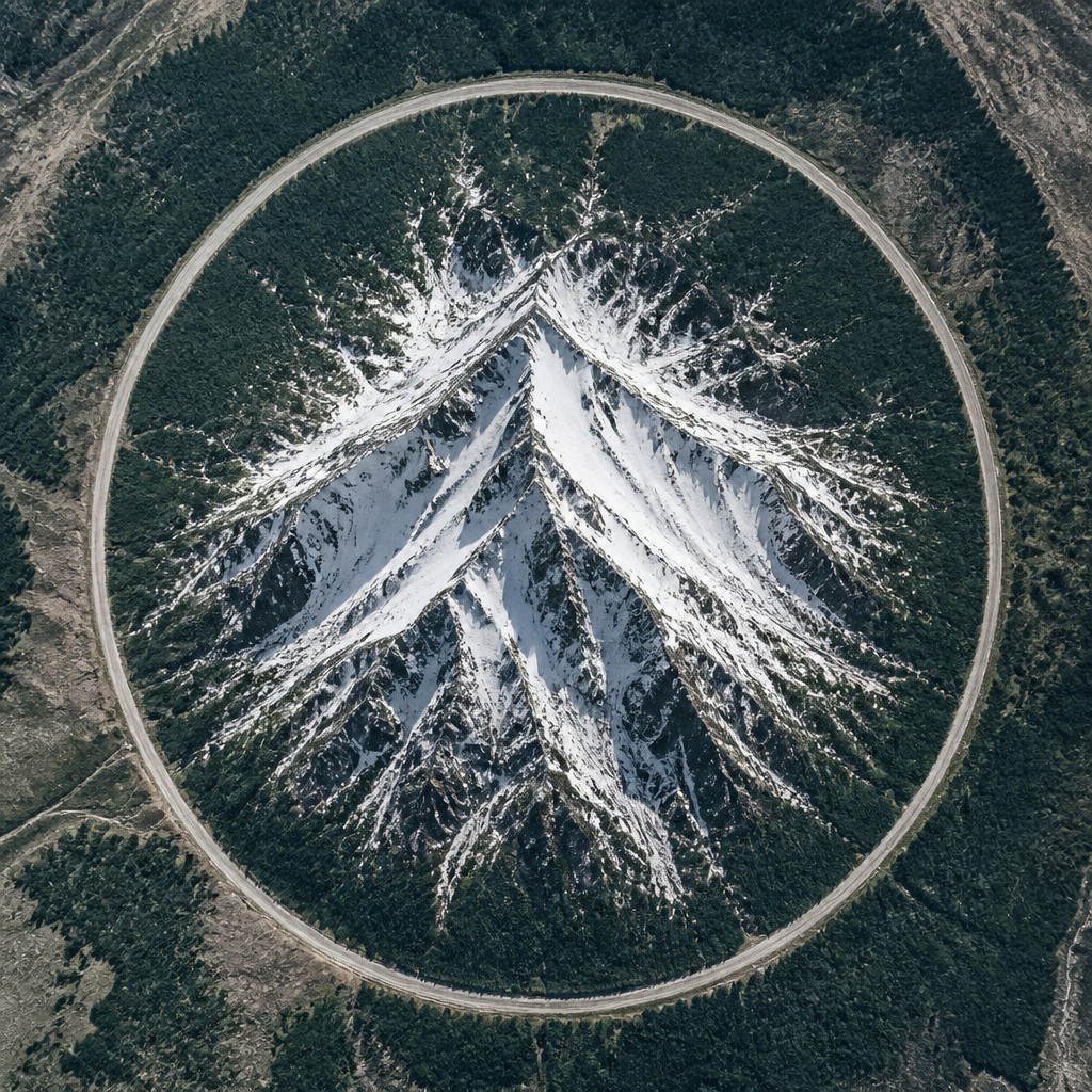 an emblem of a mountain peak inside a circle, simple bold shapes on a plain background, no text or lettering — Aerial Drone Photography Style logo concept