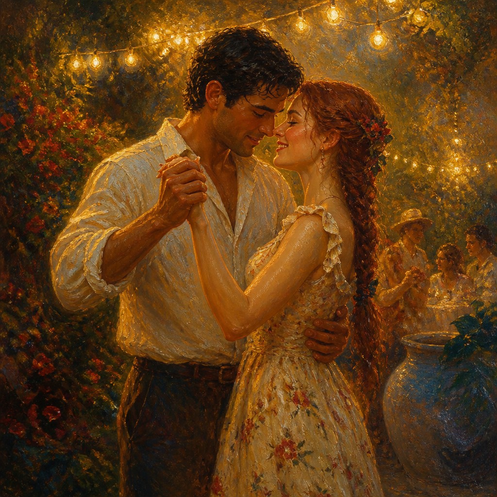 an original couple dancing under string lights in a garden at dusk: a man with short black hair in a linen shirt and a woman with braided red hair in a summer dress — Venetian Colorism Renaissance Art Style couple portrait