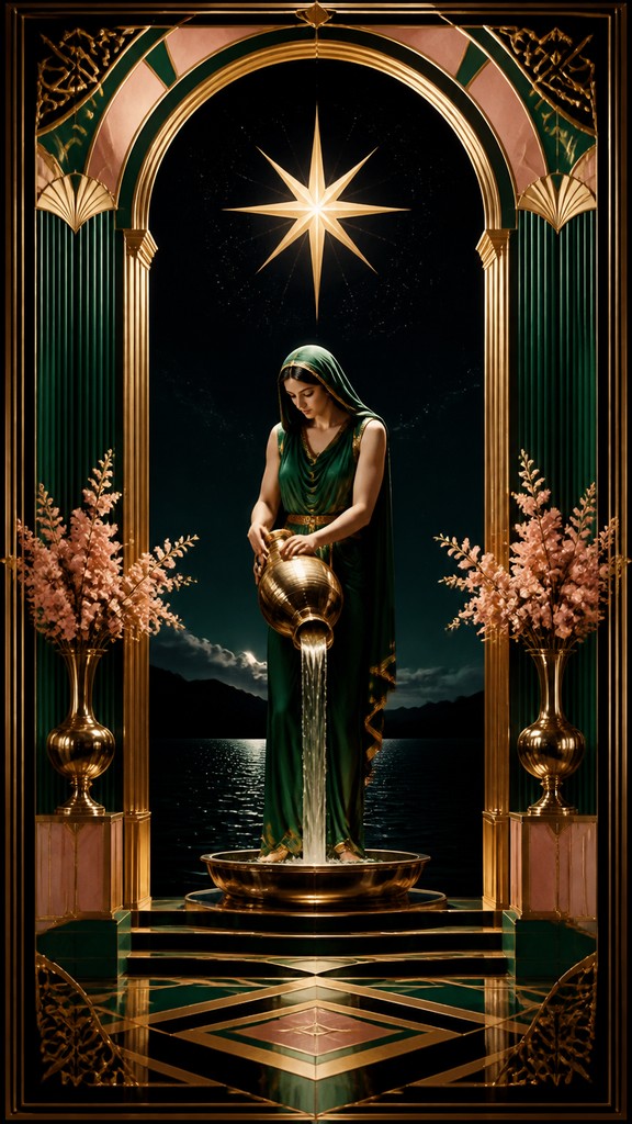 a robed figure pouring water beneath a large eight-pointed star in a night sky, symmetrical composition with an ornate decorative border, no text — Hollywood Regency Interior Design tarot card