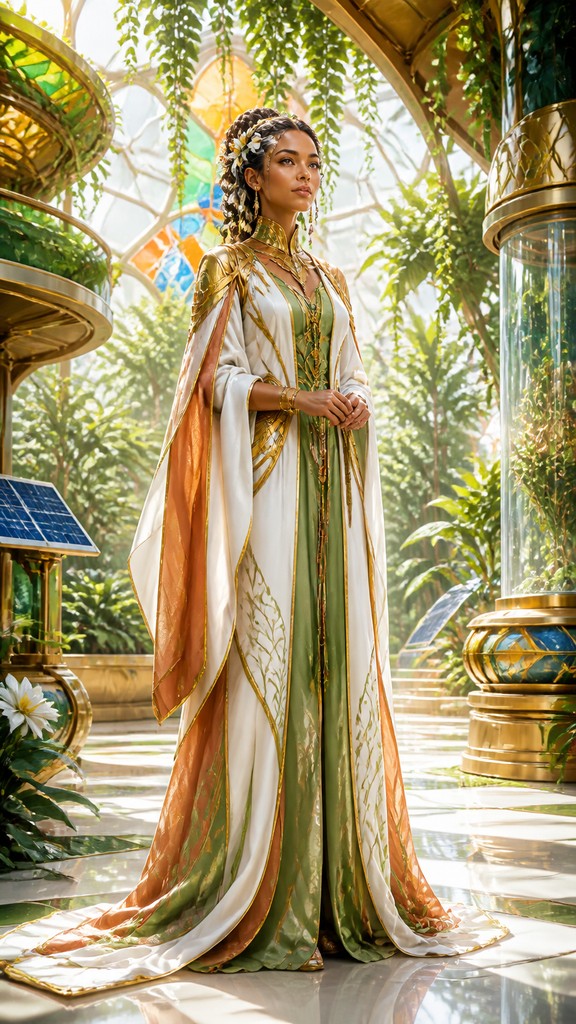 full-length portrait of an elegant figure — Solarpunk Aesthetic
