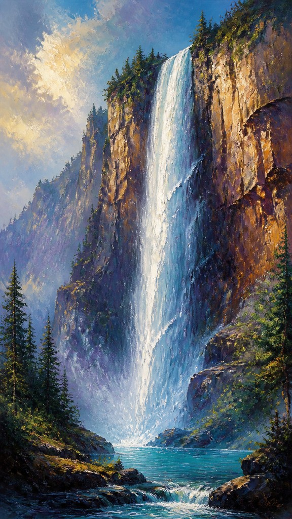 towering waterfall cascading down a cliff — Digital Painting Art Style
