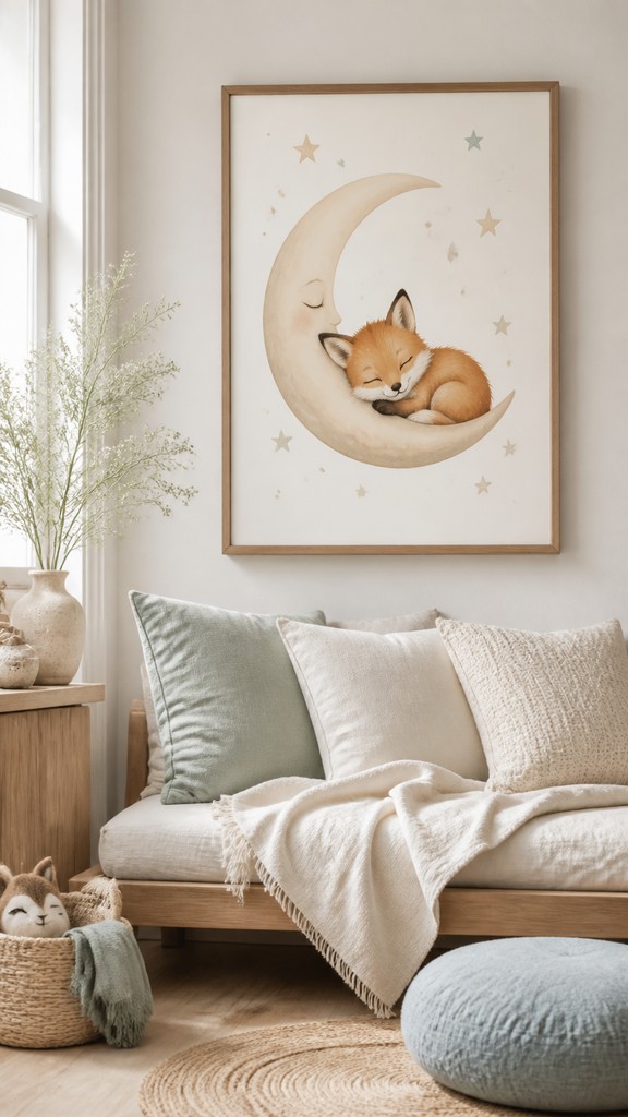 a sleeping baby fox curled on a crescent moon among soft stars, gentle and warm, no text — Scandinavian Interior Design baby announcement
