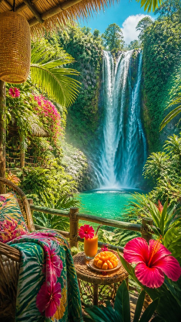 towering waterfall cascading down a cliff — Tropicalcore Aesthetic