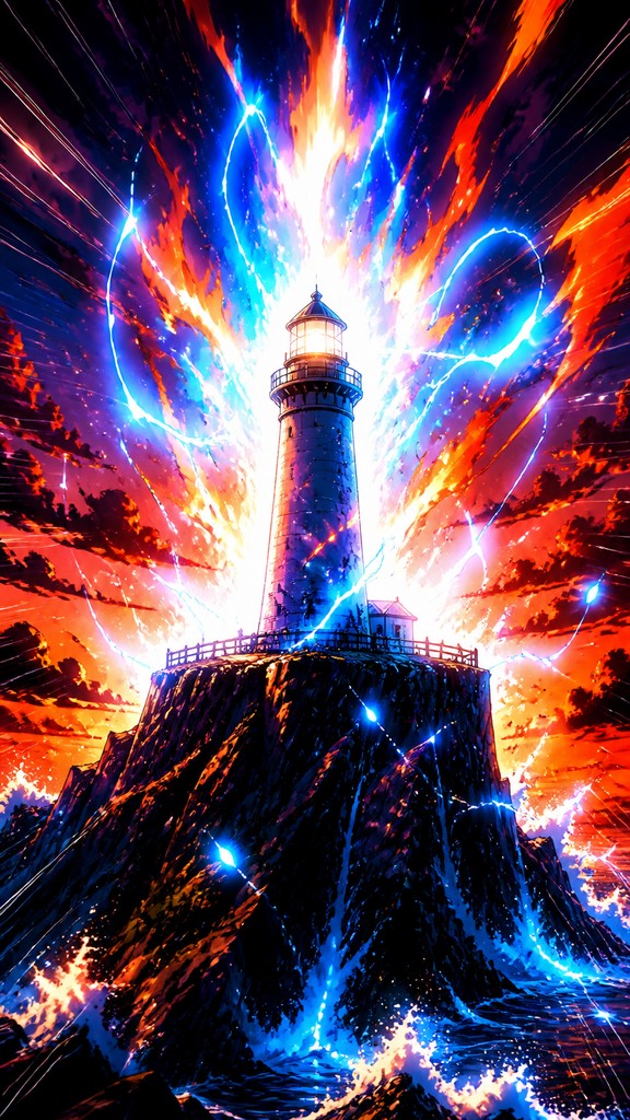 a lone lighthouse on a cliff at dusk under a dramatic sky, no text or lettering — Shounen Power-Up Aura Portrait poster