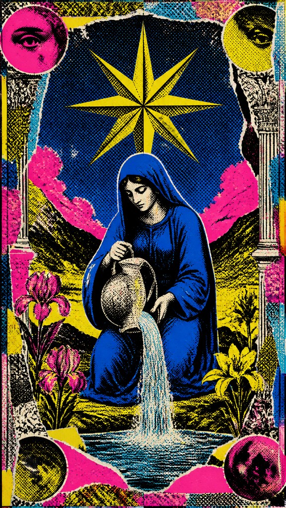 a robed figure pouring water beneath a large eight-pointed star in a night sky, symmetrical composition with an ornate decorative border, no text — Collage Pop Art Style tarot card