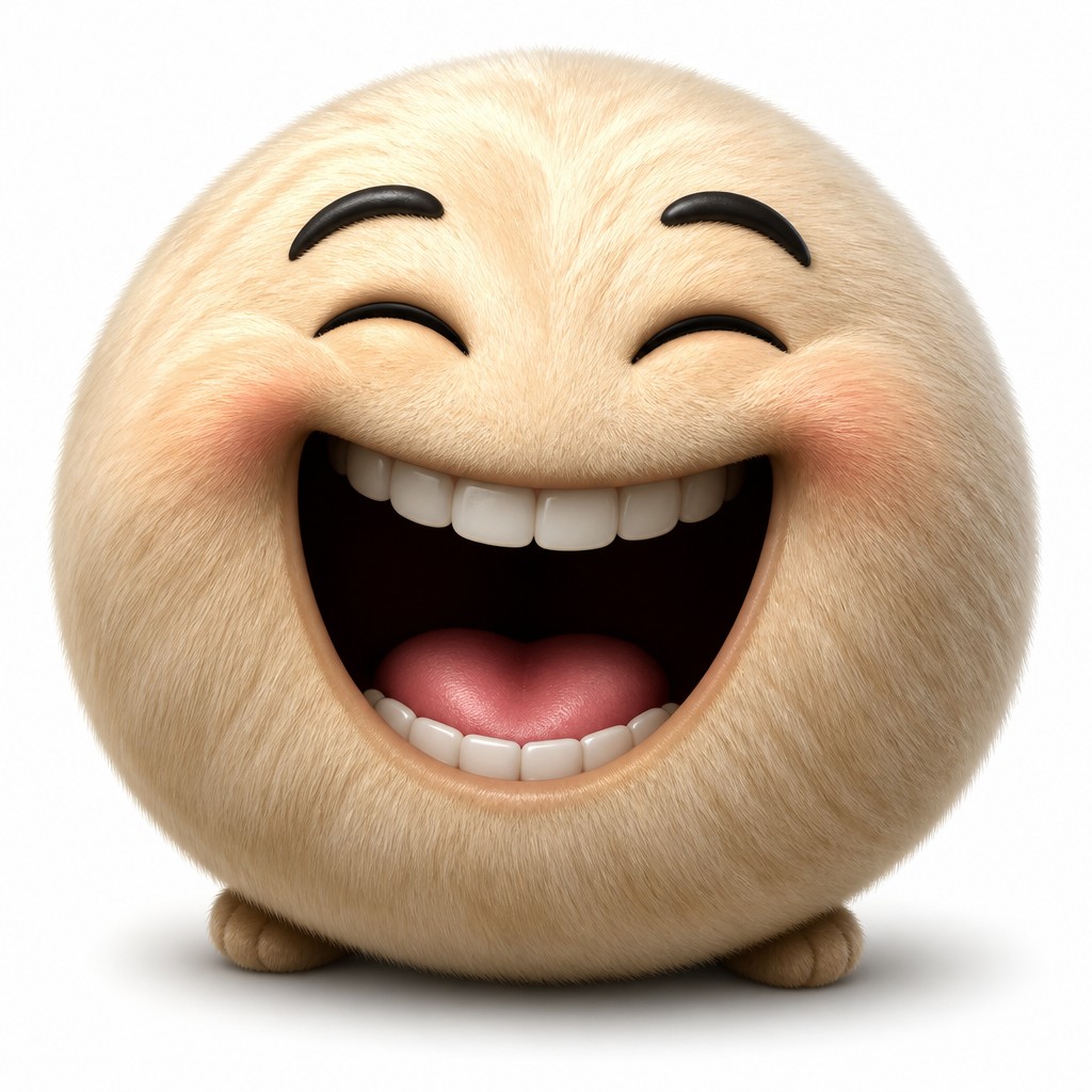 an exaggerated laughing face of an original round mascot character, bold and readable at small size, plain background, no text — Realistic Landscape Art Style Twitch emote