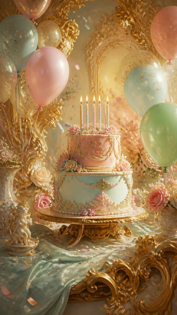 a birthday cake with lit candles surrounded by balloons and confetti, festive vertical composition, no text — Rococo Classical Art Style birthday card