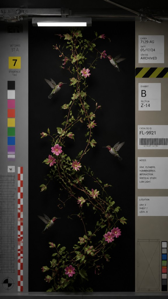 a climbing vine of flowers and hummingbirds on a dark background, tall wrapping composition, no text — Institutional Critique Conceptual Art Style phone case design