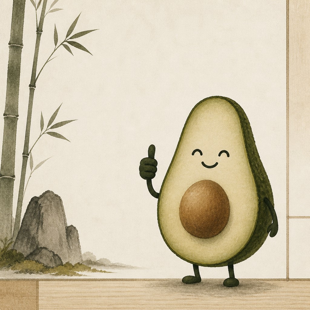 a happy avocado character giving a thumbs up, bold readable design on a plain background, no text — Japanese Architecture Art sticker