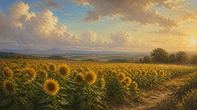 an endless field of sunflowers under summer clouds, no people — Landscape Nature Art wallpaper