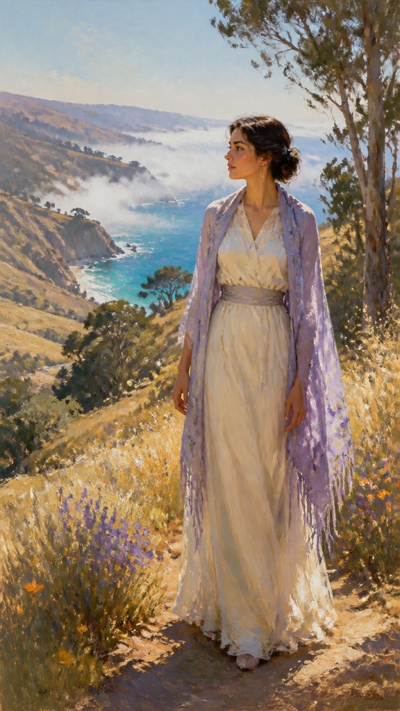 full-length portrait of an elegant figure — California Plein Air Art Style