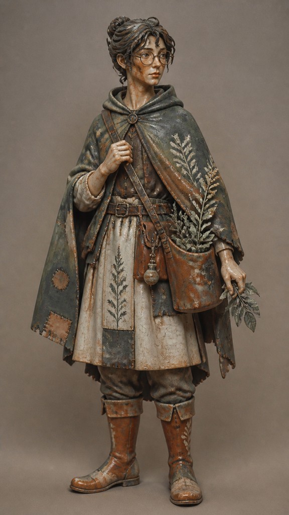 full-body original character: a wandering botanist with a satchel of plants, a patched green cloak, tall boots and round glasses, neutral background — Terra Sigillata Ceramic Art Style character design