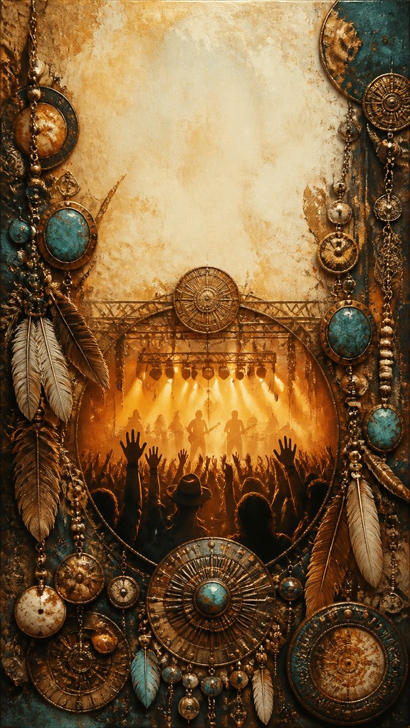 a live music scene with a glowing stage and silhouetted crowd, energetic vertical composition with open space at the top, no text — Bohemian Jewelry Design flyer