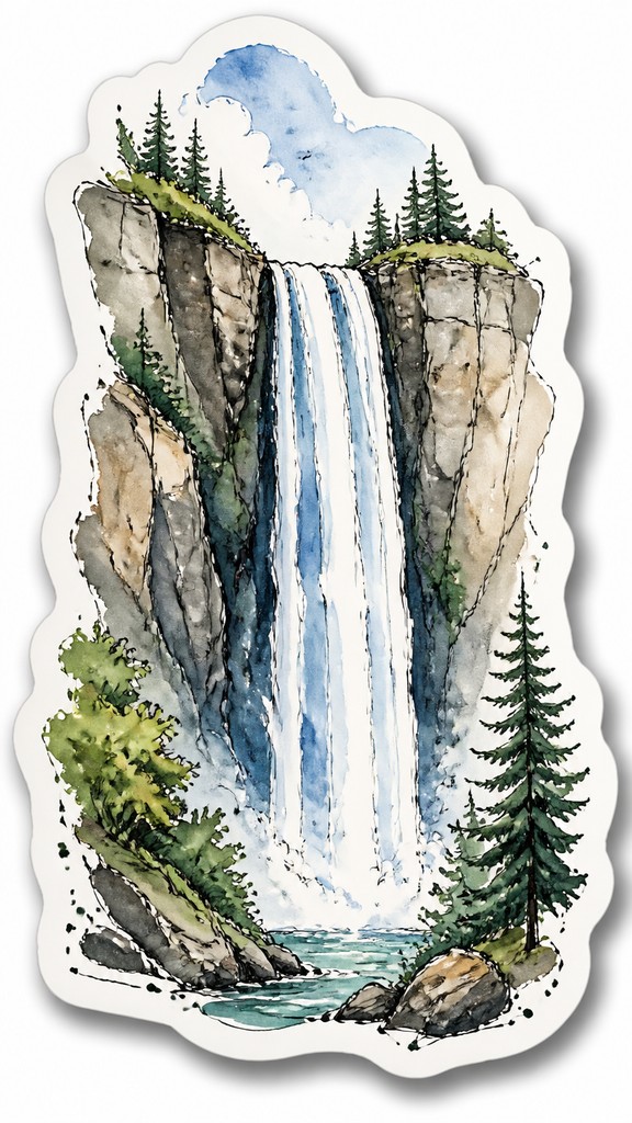 towering waterfall cascading down a cliff — Hand-Drawn Sticker Design